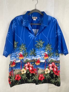 Evergreen Island Genuine Hawaiian Parrots and Flowers Blue Button Up Shirt